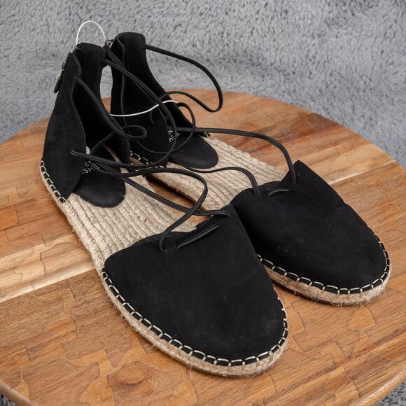 Eileen Fisher Womens 9 Lace Espadrilles Sandals Shoe Black Nubuck Casual Flat - Picture 1 of 5